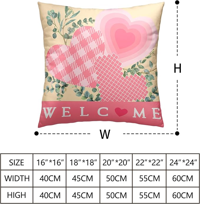 Valentine Day Pillow Covers 22x22 Set of 2 Valentines Day Pink Heart Throw Pillow Covers Pink Hearts with Eucalyptus Decoarative Pillow Case Cushion Case for Couch Sofa