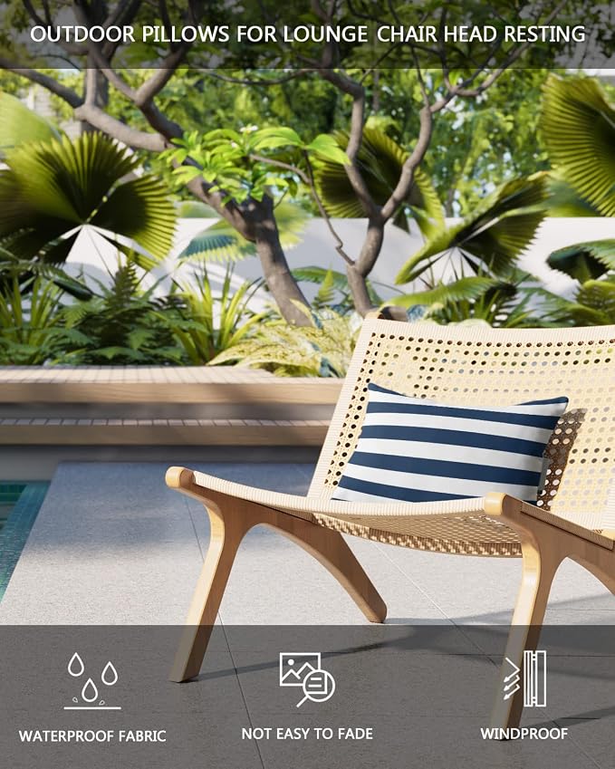 Blue and White Striped Outdoor Pillows with Insert Blue White Geometric Waterproof Patio Pillows with Adjustable Strap Decorative Head Recliner Lounger Chair Throw for Patio Furnitures, 2 Pack