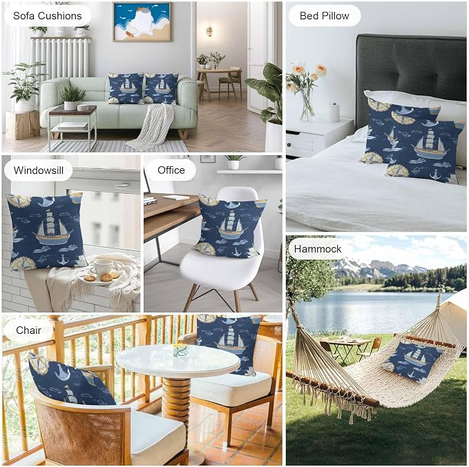 Coastal Boat on Navy Blue Outdoor Pillow Covers 16x16in Pack of 2 Waterproof Pillowcase Nautical Ocean Compass Anchor Decorative Throw Cushion Case for Patio Couch Sofa