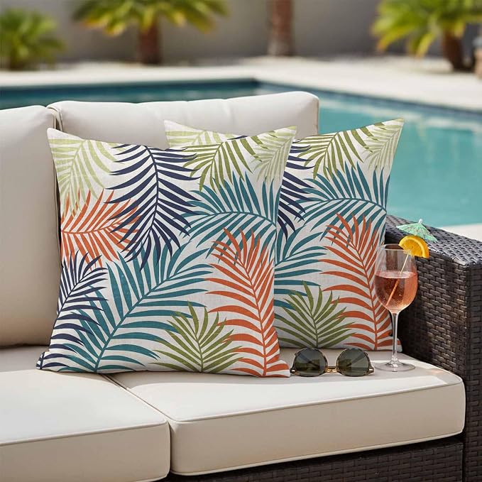 Outdoor Waterproof Throw Pillow Covers, Orange Green Blue Palm Leaves Decorative Pillow Cases, Summer Botanical Tropical Leaf Couch Pillow Protector Patio Sofa Cushion Covers 24"x24" 2 Pack