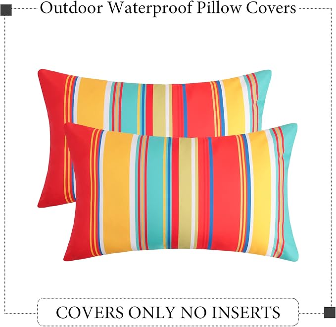 Pyonic Lumbar Outdoor Waterproof Throw Pillow Covers Set of 2 Rectangle Pillow Covers Decorative Patio Pillows for Patio Tent Garden Beach,12x20 Inches,Color Stripe(Red)