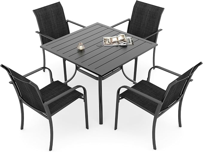 Outdoor Patio Dining Set 5 with 35" Square Table, Stackable DarkGrey Chairs