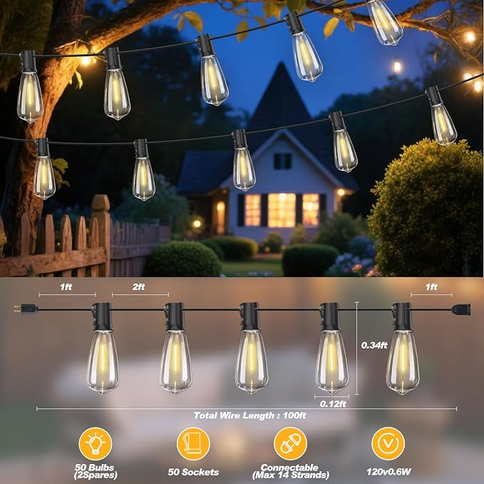 100FT LED Outdoor String Lights Waterproof, Edison Lights for Outside | with 52 Shatterproof Vintage Edison Bulbs Connectable Hanging Patio Lights for Yards Balcony Porch Bistro Garden Decor