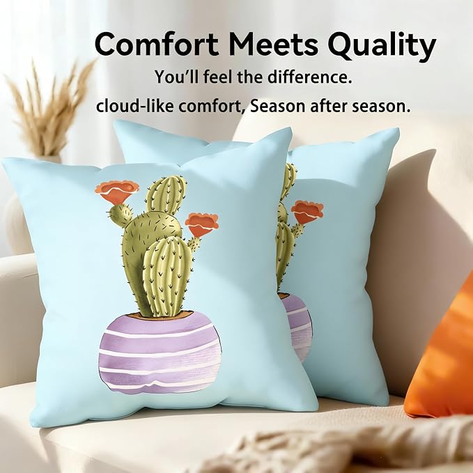 Outdoor Throw Pillows Waterproof Set of 4 18x18 Inches Cactus Print Outdoor Decorative Pillows with Insert for Bed, Couch, Sofa and Patio Furniture