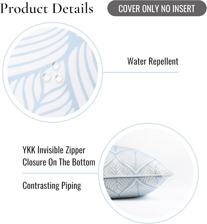 Hofdeco Premium Coastal Patio Indoor Outdoor Lumbar Pillow Cover Only, 12"x20" Water Repellent for Backyard, Couch, Baby Blue Print Geometric Leafs
