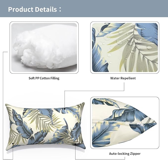 Outdoor Lumbar Pillows with Insert 12x20 Inch, Waterproof Throw Pillow for Patio Furniture, Decorative Lumbar Cushions for Garden Home Sofa Office Chair, Set of 2, Lush Palm Blue