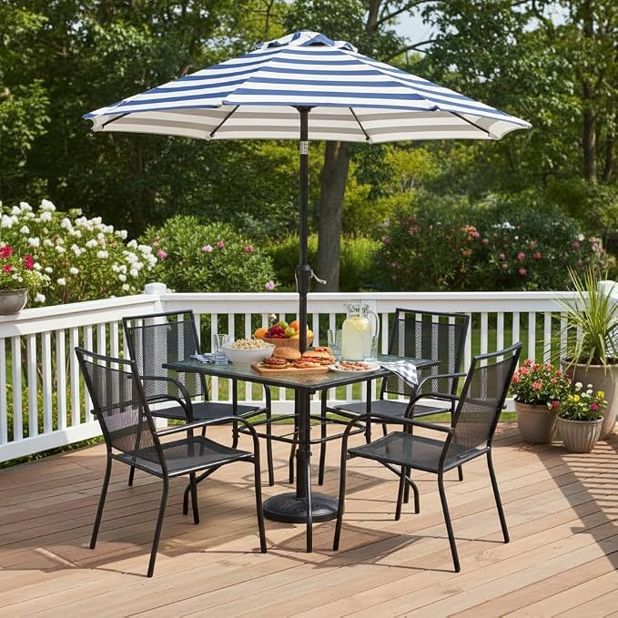 Tangkula 35 Inch Patio Dining Table with Tempered Glass Top, Square 4-Person Outdoor Bistro Table with 1.5" Umbrella Hole & Sturdy Metal Frame, Patio Dining Table for Backyard, Lawn, Deck & Poolside