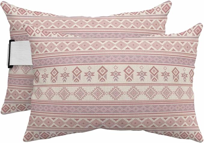 Outdoor Lumbar Pillow Set of 2, Beige Boho Striped Waterproof Beach Headrest Pillow with Inserts, Southwestern Ethnic Tribe Vintage Recliner Throw Pillows for Patio Furniture, 11 x 16