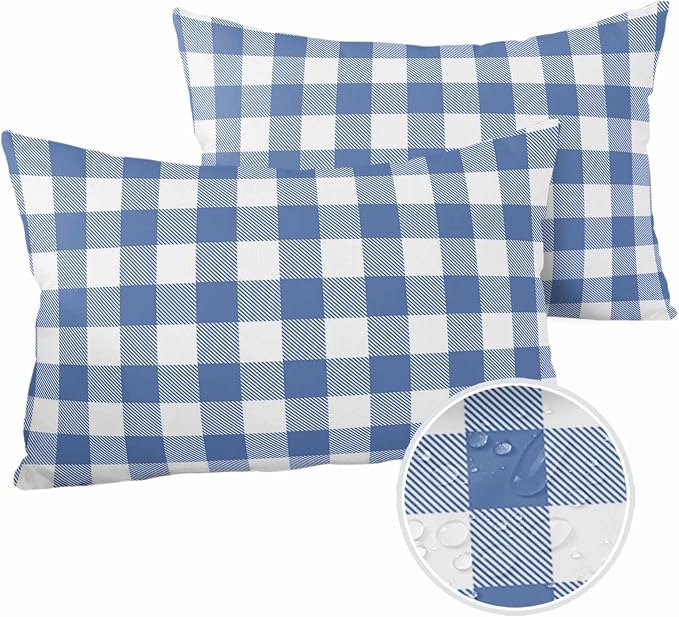 Outdoor Waterproof Throw Pillow Covers Set of 2 Buffalo Plaid Blue Check Lumbar Pillowcases 20x12 Inches Farmhouse Style Patio Decorative Pillows Cushion Case Patio Pillows for Couch Bed Chair Garden