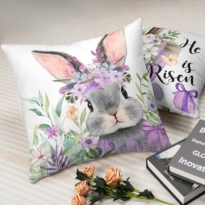 Set of 2 Easter Pillow Covers 16x16 Bunny Eggs Throw Pillow Covers Floral Cross He is Risen Pillow Cases Purple Happy Easter Decorative Pillowcases for Home Outdoor Spring Decor