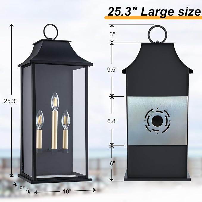 Dusk to Dawn Outdoor Wall Light, Black, 25.3", Aluminium | Large Outdoor Light Fixture, Black Exterior Wall Lantern, Waterproof Outside Wall Sconce for House Porch Patio