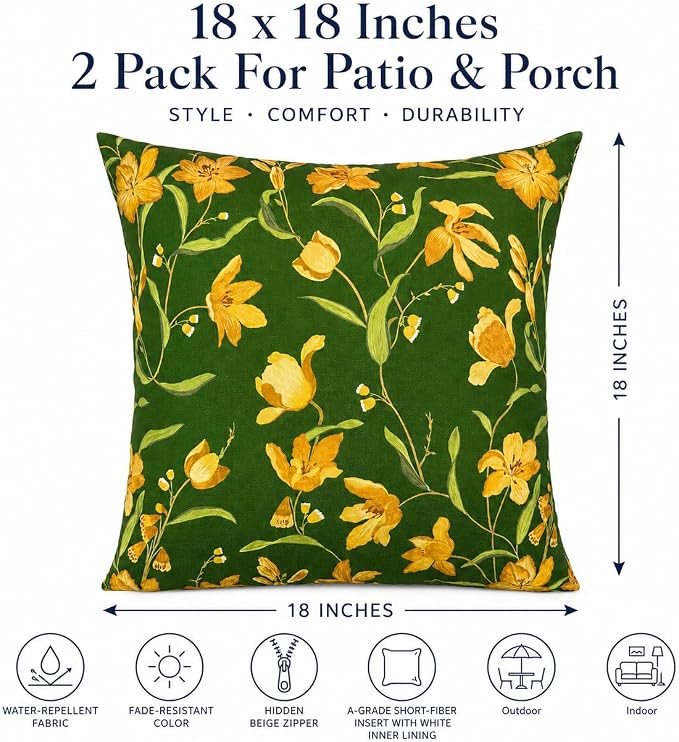 Outdoor Throw Pillows 18×18 Inch Pack of 2 Waterproof Decorative Patio Pillows with Inserts, Square Pillows for Garden Couch Sofa and Patio Furniture