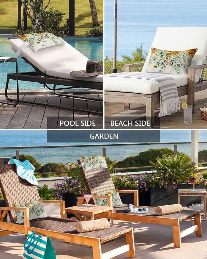 Lumbar Pillow Covers Set of 4, Sunflowers Waterproof Outdoor Chaise Lounge Pillow Covers with Elastic Strap, Spring Floral Eucalyptus Leaves Summer Botanical Headrest Pillowcase for Patio, 12 x 20