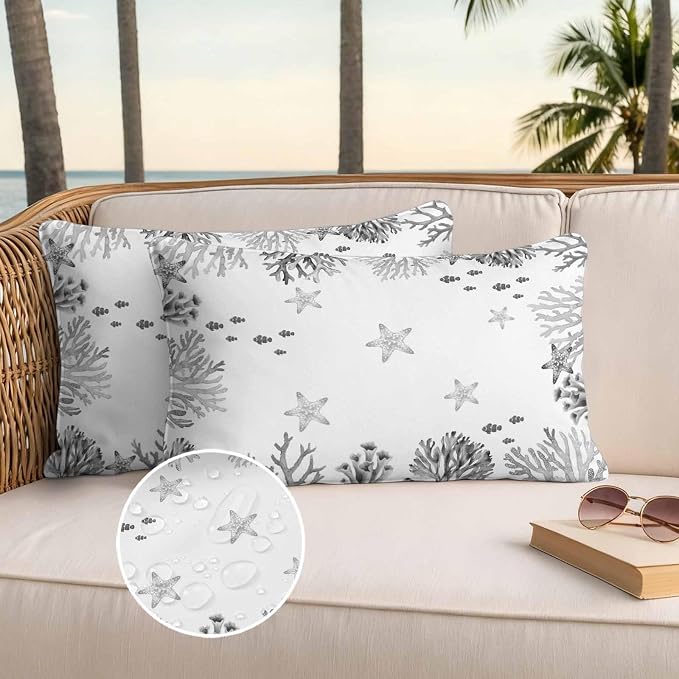 Summer Ocean Grey Coral Outdoor Waterproof Throw Pillow Covers Set of 2, 20"x12", Nautical Sea Watercolor Fish Starfish Decorative Pillow Covers Outside Cushion Case for Patio Porch Garden