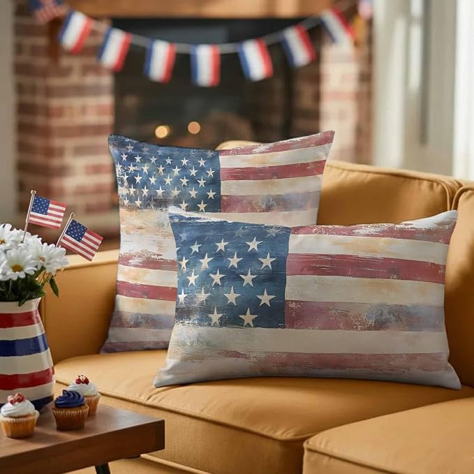 Retro American Flag Outdoor Pillow Covers 26"x26" Set of 2, Independence Day Waterproof Throw Pillow Covers for Patio Furniture, Decorative Cushion Covers for Porch