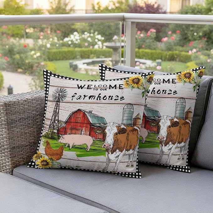 Outdoor Waterproof Pillow Covers 18x18Inch Farmhouse Animal Barn Chicken Pig Cow Throw Pillowcases for Patio Garden Couch Sofa Retro Wood Grain Farm Scene Decorative Cushin Case,Pack of 2