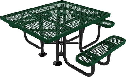 COATEDOUTDOORFURNITURE Heavy-Duty Portable ADA-Compliant Outdoor Picnic Table with Umbrella Hole, Expanded Metal Patio Dining Furniture Made in America (46" Square Top, Green)