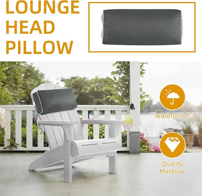 2 Pack Outdoor Chaise Lounge Head Pillow, Patio Pool Chair Pillows Water Resistant Headrest Pillow Lumbar Pillows with Insert and Adjustable Elastic Strap for Recliner Beach Chair, Dark Gray