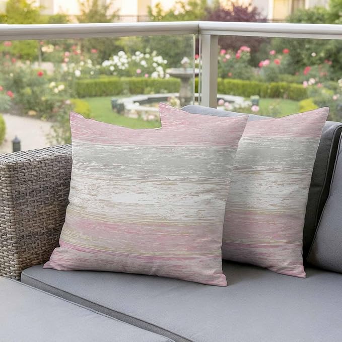 Outdoor Waterproof Throw Pillow Covers, Vintage Pink Grey Decorative Pillow Cases, Farmhouse Barn Wooden Striped Couch Pillow Protector Patio Sofa Cushion Covers Replacement 16"x16" 2 Pack