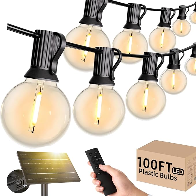 Svater 100 FT Solar Outdoor String Lights with Remote, G40 Patio Light Shatterproof Dimmable Vintage Edison Bulbs - Solar Powered Weatherproof Light for Patio, Backyard, Garden, Bistro