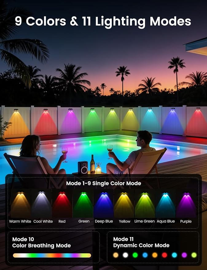 Solar Fence Lights Outdoor, 4 Pack Color Changing Fence Lights Solar Powered with 9 RGB Colors & 11 Lighting Modes, IP65 Waterproof Dusk to Dawn Fence Lights for Patio, Deck, Wall, Backyard