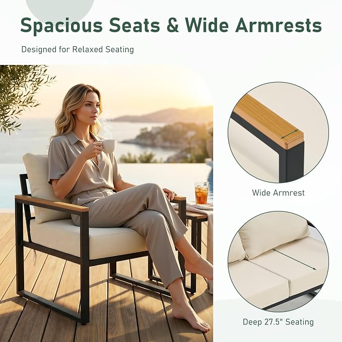Furnimart 4-Piece Metal Patio Conversation Set, Deep Seating Outdoor Sofa with Coffee Table, Modern Small Space Furniture for Backyard, Deck, Poolside, Porch (Beige)