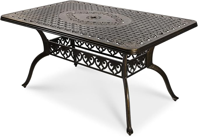 VIVIJASON Outdoor Patio Dining Rectangle Table Bronze Cast Aluminum Rustic Large Patio Table with Umbrella Hole