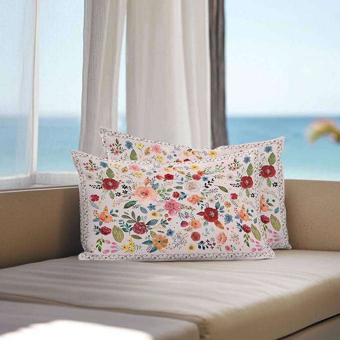 Vandarllin Outdoor Throw Pillows Covers 20x12 inch Set of 2 Waterproof Pink Floral Decorative Zippered Cushion Covers for Patio Furniture, Farmhouse Vintage Flower Lumbar Pillowcases