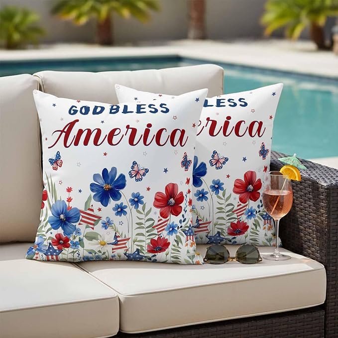 God Bless USA Outdoor Waterproof Throw Pillow Covers Set of 2, 18"x18", Red Blue Daisy Butterfly Independence Day Decorative Pillow Covers Outside Cushion Case for Patio Porch Garden