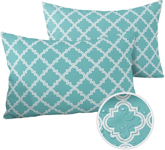 Outdoor Waterproof Pillow Covers for Patio Moroccan Pattern Decorative Throw Pillow Cover Geometric Trellis Cyan Blue Pillowcases Set of 2 Cushion Case for Sofa Couch Chair Home Decor 20x12 inch