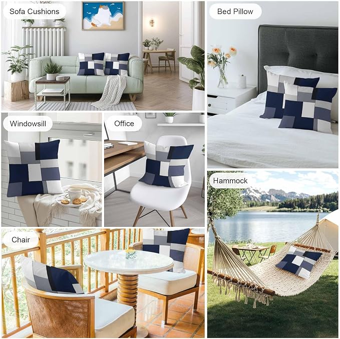 Modern Blue White Grey Plaid Outdoor Pillow Covers 20x20in Pack of 2 Waterproof Pillowcase Abstract Geometric Checkered Decorative Throw Cushion Case for Patio Couch Sofa