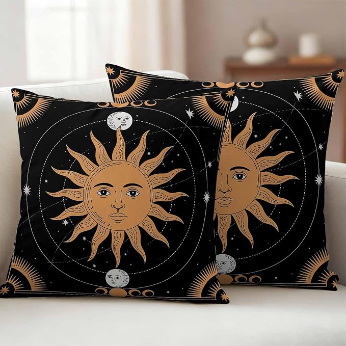 Celestial Sun and Moon Waterproof Outdoor Pillow Covers Set of 2 Home Decor, Black Sky Gold Star Boho Pillowcase Patio Pillow Covers for Couch Bench Patio Furniture Garden 18x18in