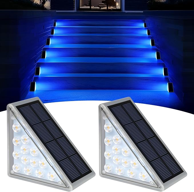 AUDLES 2 Pack Solar Stair Lights, Outdoor Step Lights with Waterproof IP67, Blue Color LED Solar Light for Outside Light Decor for Stair, Deck, Front Step, Front Porch, Patio and Backyard