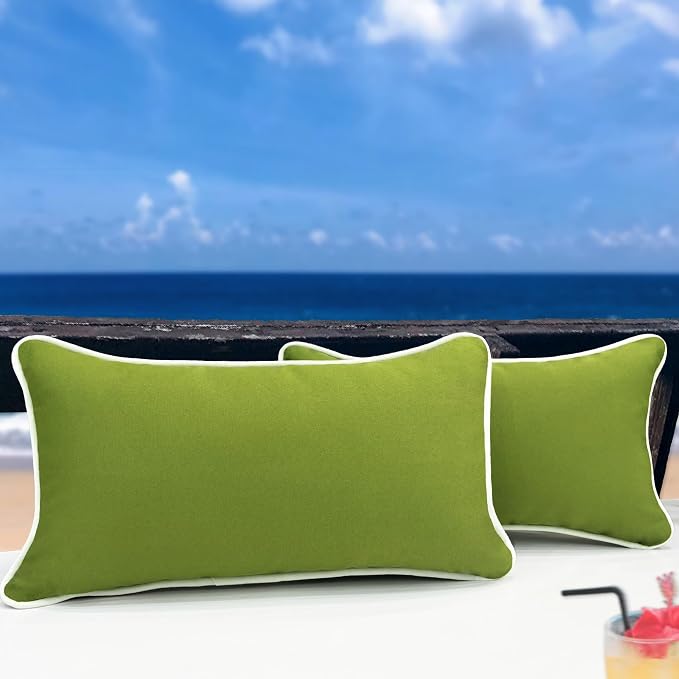 HER HWA Outdoor Lumbar Pillow Covers White Piping 20"x12" Set of 2, Garden | durable fade-resistant water-resistant 100% polyester white piping smooth zipper machine washable for indoor outdoor décor
