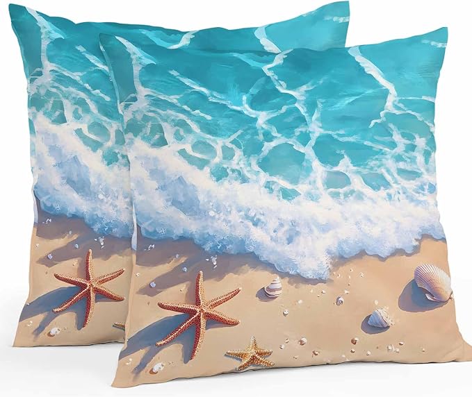 Ocean Beach Waterproof Outdoor Pillow Covers Set of 2 Home Decor, Coastal Nautical Starfish Shells Sea Waves Pillowcase Patio Pillow Covers for Couch Bench Furniture Garden 20x20in