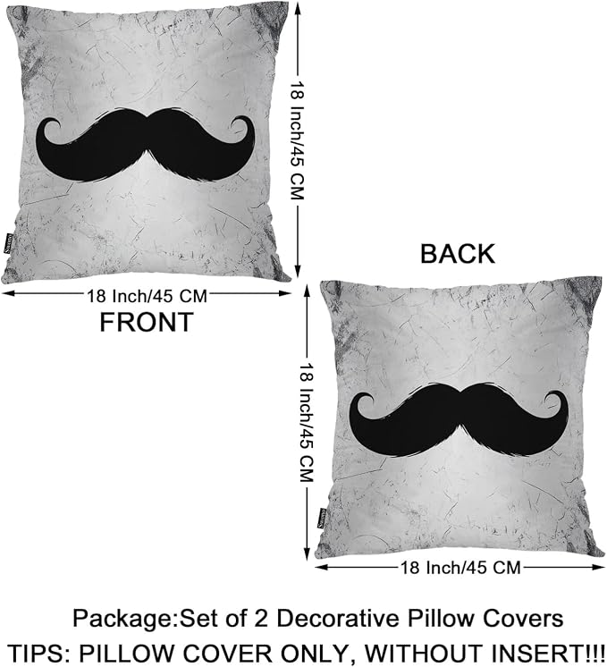Swono Mustache Set of 2 Square 18x18 Inch Throw Pillow Cover Grunge Hipster Mustache Black Soft Pillowcases Pillow Cushion Covers for Home Sofa Couch Garden Bench Living Room Car Decoration