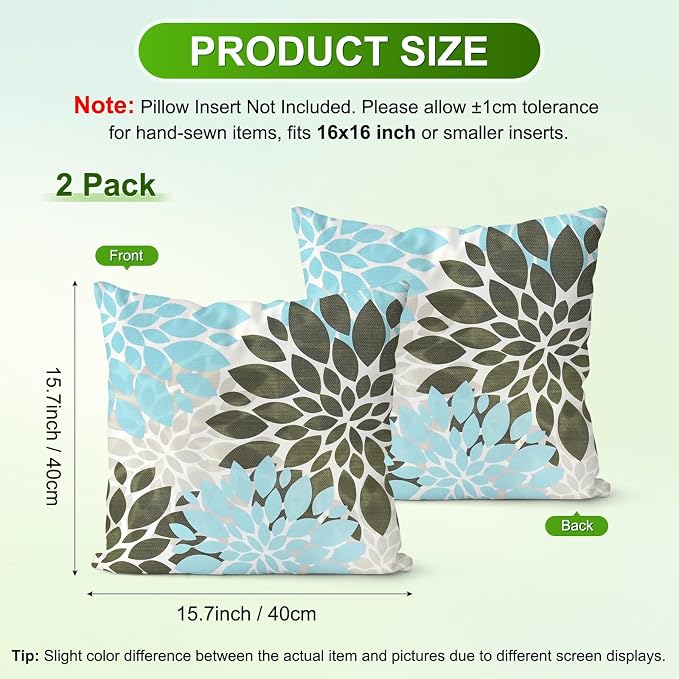 M METERXITY 2-Pack Pillow Cover 16x16 Linen, Blue Brown Gray | Water Resistant Floral Decor Slipcover, for Patio, Balcony, Garden, Outdoor Pillow Case