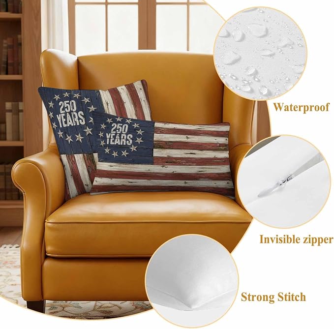 250 Year Anniversary USA Outdoor Waterproof Throw Pillow Covers 16"x16" Set of 2, 4th of July Vintage Wood Decorative Garden Pillowcase with Zipper Cushion Case for Patio Couch Tent