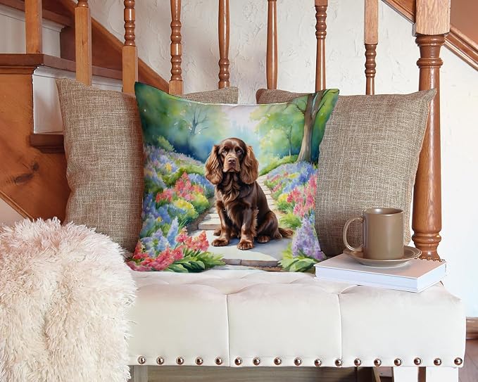 Caroline's Treasures Sussex Spaniel Spring Path Throw Pillow Machine Washable, Indoor Outdoor Decorative Pillow for Couch, Bed or Patio, 14Hx14W