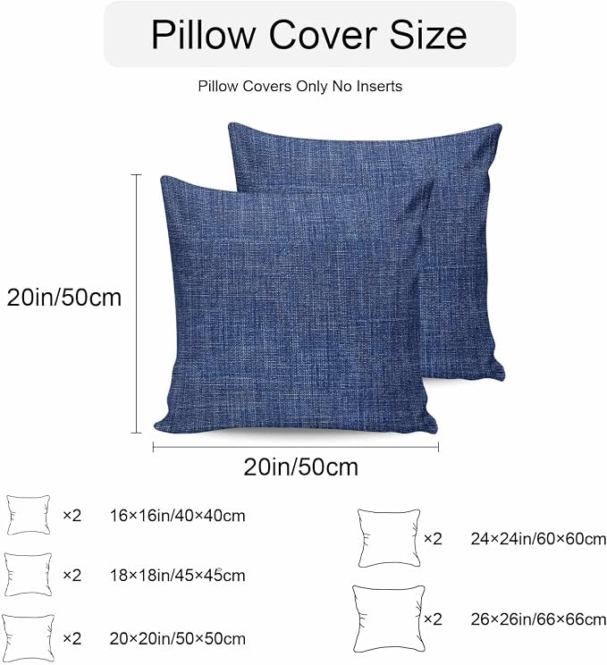 Vandarllin Outdoor Throw Pillows Covers 24x24 inch Set of 2 Waterproof Navy Blue Linen Decorative Zippered Cushion Covers for Patio Furniture, Farmhouse Pure Color Lumbar Pillowcases