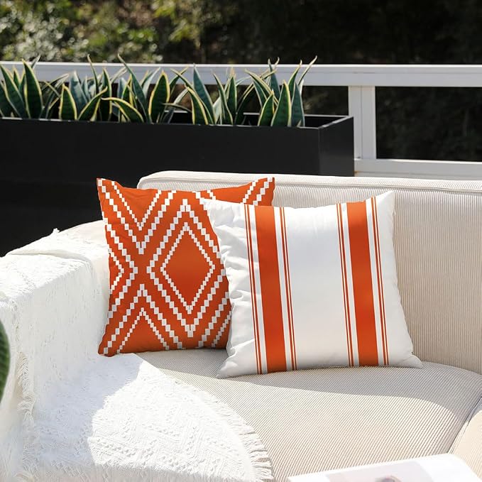 DFXSZ Outdoor Orange Waterproof Geometry Pillow Covers 18x18 Set of 4 | Summer Fall Waterproof Modern Throw Pillowcases（No Inserts） Outdoor Decor for Patio Funiture Garden Polyester Covers