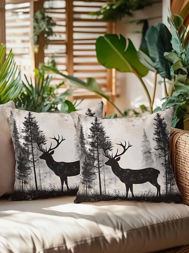 Outdoor Pillows Waterproof, Forest Deer Bedding Throw Pillows with Insert for Couch Sofa Bed, Rustic Country Wildlife Woodland Black Beige 18x18 Inch Pillowcases Camping Patio Pillow Set of 2