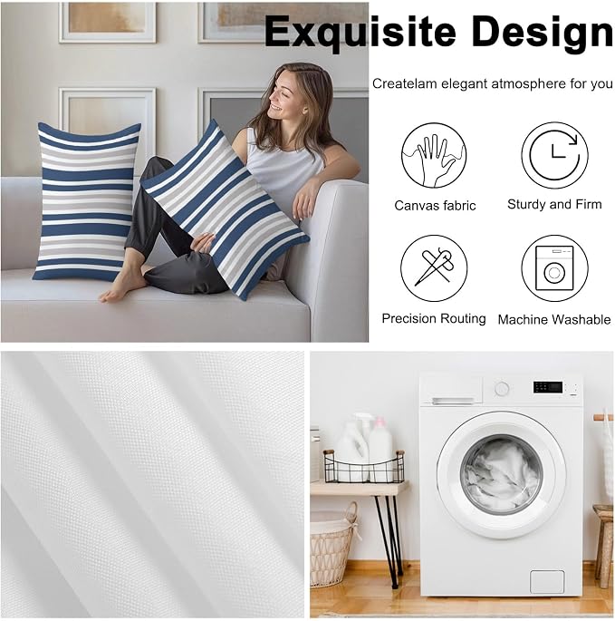 Navy Blue Grey Stripe Outdoor Pillow Covers 20x12 Inch Lumbar Pillow Covers Set of 2 Waterproof Decorative Throw Pillow Cases Farmhouse Minimalist Striped Cushion Covers for Patio Furniture Garden