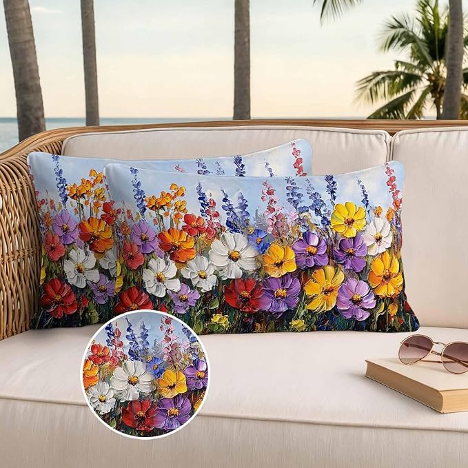 Vintage Wildflowers Waterproof Outdoor Pillow Covers Set of 2 Home Decor, Rustic Oil Painted Abstract Botanical Pillowcase Patio Pillow Covers for Couch Bench Furniture Garden 20x12in