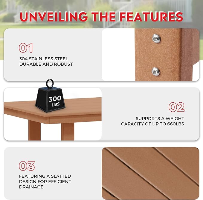 Costaelm Outdoor Patio Table, Outdoor Dining Table for 6, Weather Resistant Rectangle Patio Table with Umbrella Hole for Outside, Garden, Poolside, Porch, Teak