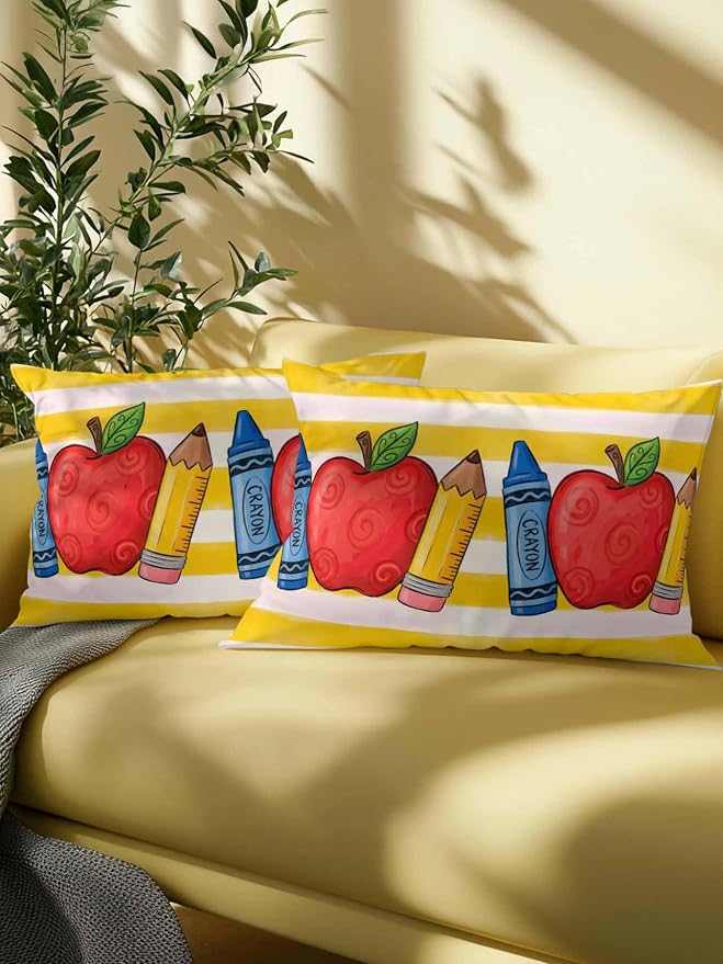 1 Pack Outdoor Throw Pillow, Children's Day Waterproof Pillow with Insert Included, Funny Cartoon Pencil Yellow Striped Decorative Accent Cushion Lumbar Pillows for Patio Porch, 12 x 20 in