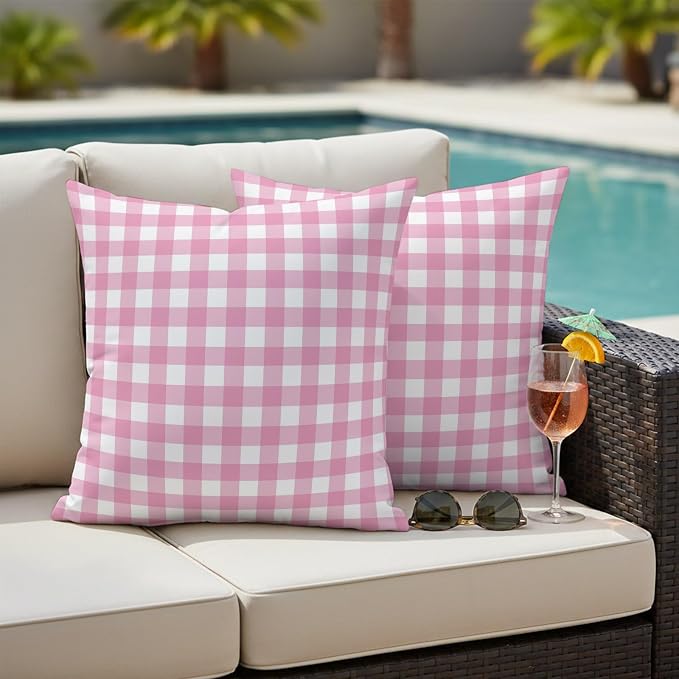 Rose Pink Checks Outdoor Pillow Covers 20"x20" Set of 2, Gingham Plaid Abstract Modern Minimalist Waterproof Throw Pillow Covers for Patio Furniture, Decorative Cushion Covers for Porch