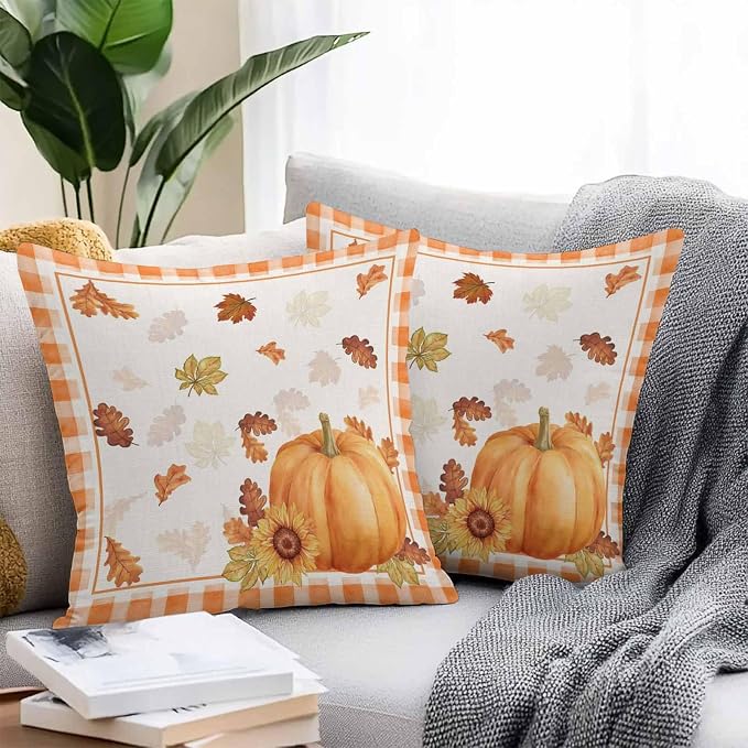 Thanksgiving Day Outdoor Pillow Covers Set of 2, Autumn Pumpkins Sunflowers Decorative Waterproof Throw Pillowcase Fall Leaves Plaid Cotton Linen Soft Cozy Cushion Cover Pillowsham 16x16In