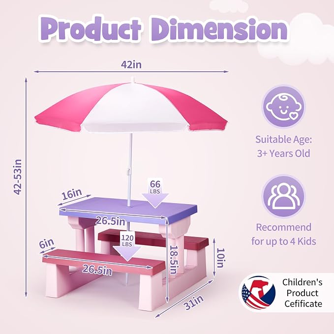 Kids Table and Chair Set, Toddler Plastic Outdoor Table & Bench Set with Removable Umbrella, Children Picnic Table Fits 4 Children for Backyard Garden, Pink & Purple
