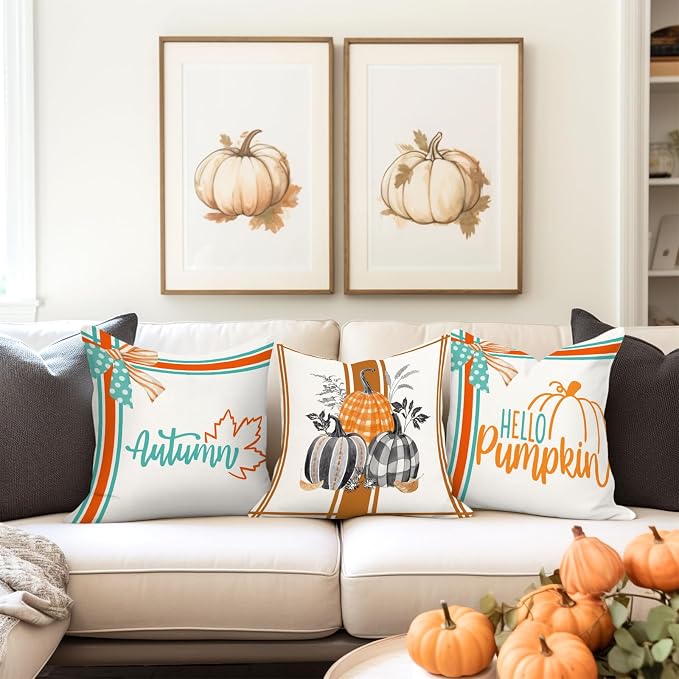 Orange Fall Outdoor Pillow Covers 18X18 Inch Set of 2 Waterproof Buffalo Plaid Pumpkins Truck Farmhouse Decorative Porch Cushion Cases Polyester Thanksgiving Decor for Patio Furniture